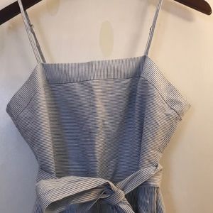 Blue + White pinstripe wise leg jumpsuit